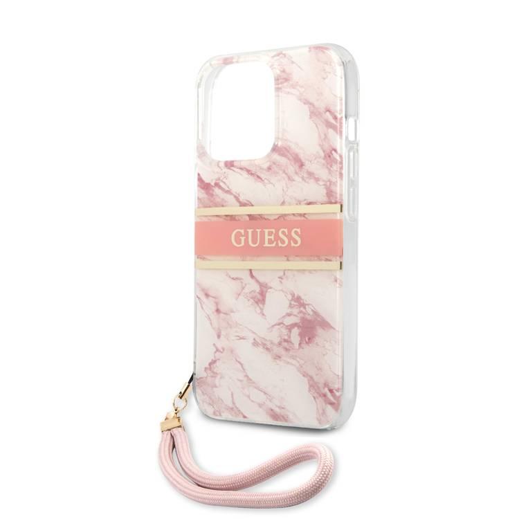 CG MOBILE Guess PC/TPU Case Marble Design & Stripe with Anti-Lost Nylon Strap for iPhone 13 Pro (6.1") Back Cover Suitable with Wireless Chargers Officially Licensed Pink