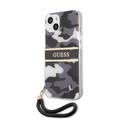 CG MOBILE Guess PC/TPU Case Camo Design & Stripe with Anti-Lost Nylon Strap for iPhone 13 (6.1") Back Cover Suitable with Wireless Chargers Officially Licensed Black