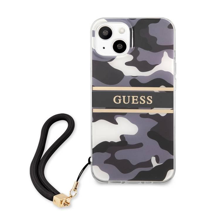 CG MOBILE Guess PC/TPU Case Camo Design & Stripe with Anti-Lost Nylon Strap for iPhone 13 (6.1") Back Cover Suitable with Wireless Chargers Officially Licensed Black
