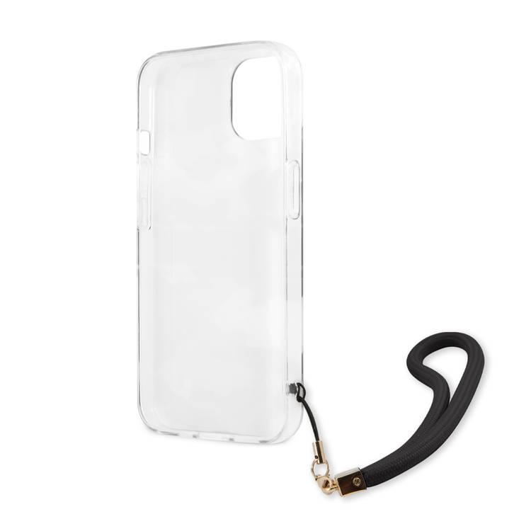 جراب CG MOBILE Guess PC / TPU بتصميم كامو ومخطط مع حزام نايلون مضاد للفقد لهاتف iPhone 13 (6.1 بوصات) غطاء خلفي مناسب مع شواحن لاسلكية مرخصة رسميًا أسود