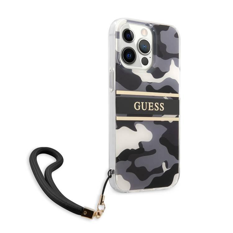 CG MOBILE Guess PC/TPU Case Camo Design & Stripe with Anti-Lost Nylon Strap for iPhone 13 Pro (6.1") Back Cover Suitable with Wireless Chargers Officially Licensed Black