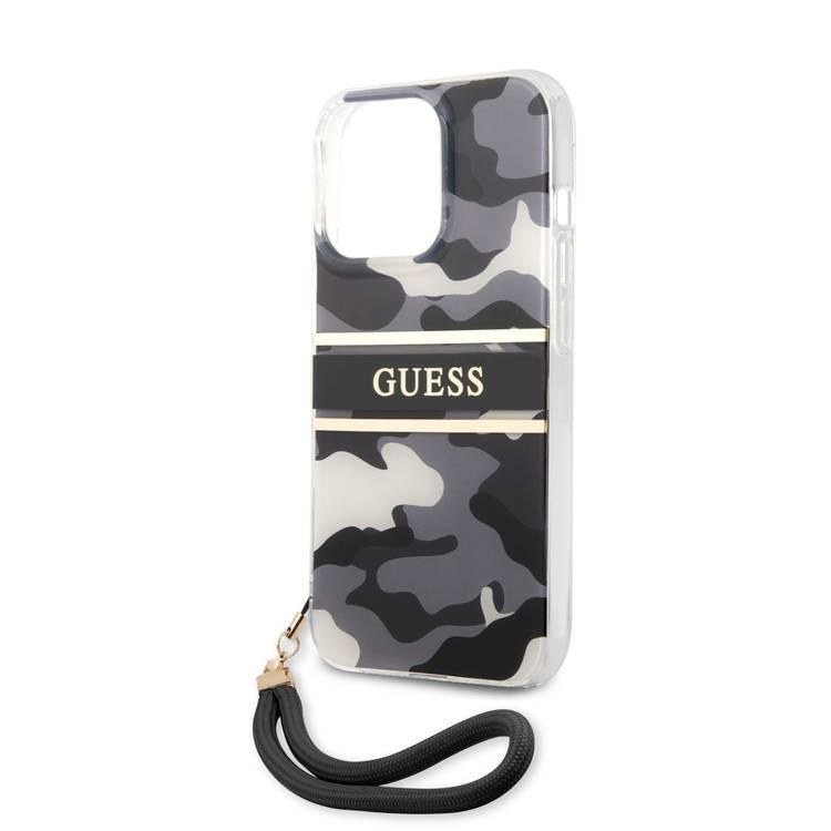 CG MOBILE Guess PC/TPU Case Camo Design & Stripe with Anti-Lost Nylon Strap for iPhone 13 Pro (6.1") Back Cover Suitable with Wireless Chargers Officially Licensed Black
