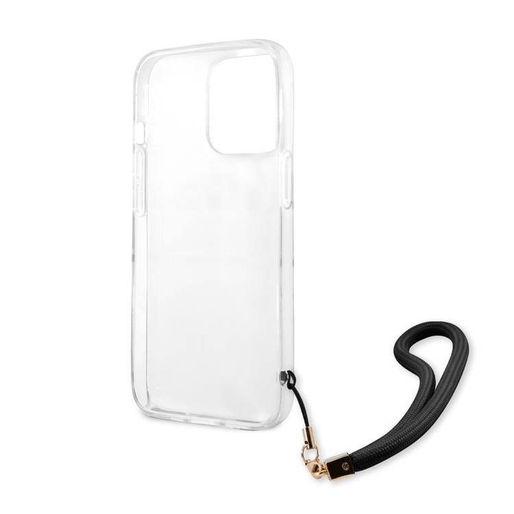 جراب CG MOBILE Guess PC / TPU بتصميم كامو وشريط مع حزام نايلون مضاد للفقد لهاتف iPhone 13 Pro (6.1 بوصات) غطاء خلفي مناسب مع شواحن لاسلكية مرخصة رسميًا أسود