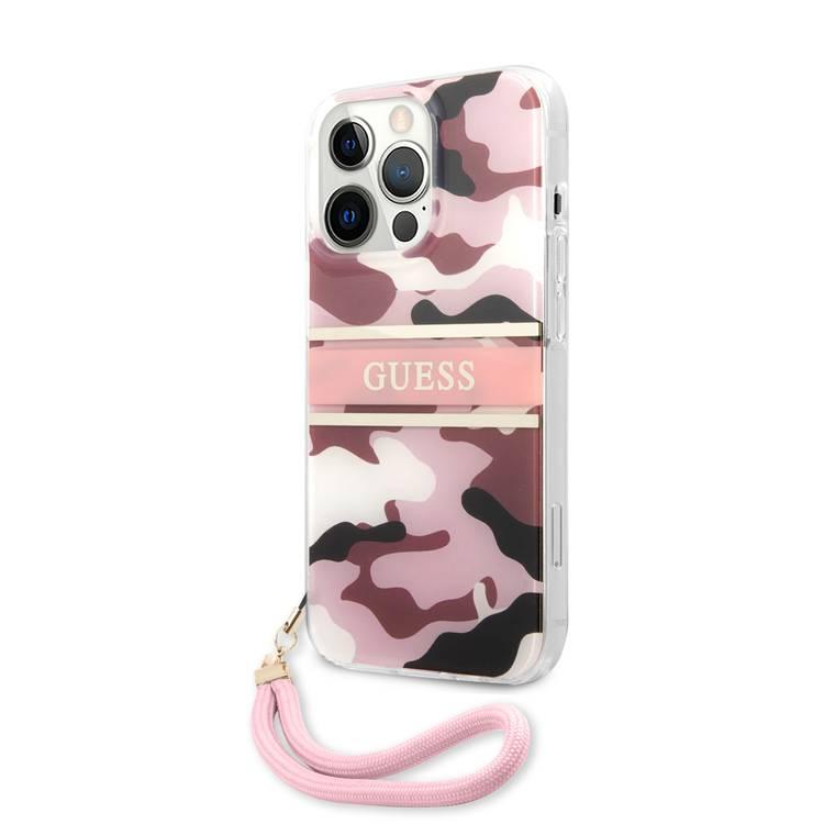 CG MOBILE Guess PC/TPU Case Camo Design & Stripe with Anti-Lost Nylon Strap for iPhone 13 Pro (6.1") Shock Absorption & Drop Protection Suitable with Wireless Chargers Officially Licensed Pink