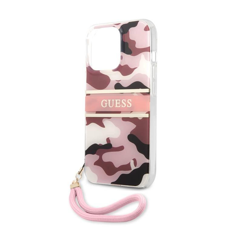CG MOBILE Guess PC/TPU Case Camo Design & Stripe with Anti-Lost Nylon Strap for iPhone 13 Pro (6.1") Shock Absorption & Drop Protection Suitable with Wireless Chargers Officially Licensed Pink
