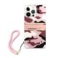 CG MOBILE Guess PC/TPU Case Camo Design & Stripe with Anti-Lost Nylon Strap for iPhone 13 Pro Max (6.7") Back Cover Suitable with Wireless Charging Officially Licensed Pink
