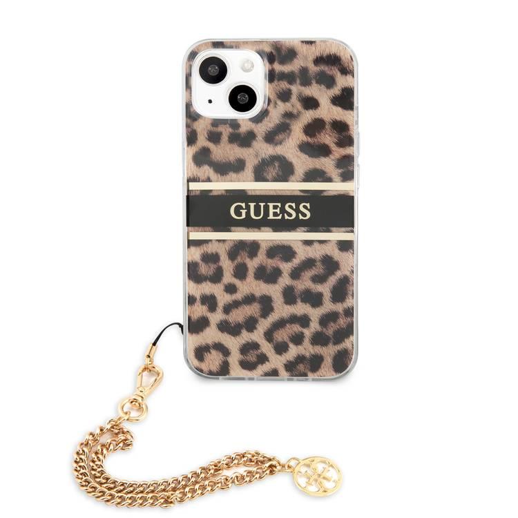 CG MOBILE Guess PC/TPU Case Leopard Print & Stripe with Anti-Lost Charm Chain Compatible for iPhone 13 Pro Max (6.7") Anti-Scratch, Easy Access to All Ports, Shock Absorption & Drop Protection Back Cover Suitable with Wireless Charging Officially Licensed