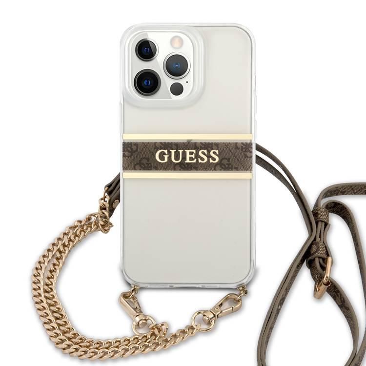 CG MOBILE Guess PC/TPU Transparent Case 4G Stripe with Anti-Lost Crossbody Chain Compatible for iPhone 13 Pro (6.1") Anti-Scratch, Easy Access to All Ports