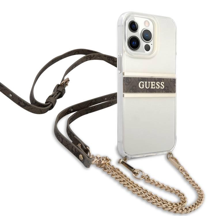 CG MOBILE Guess PC/TPU Transparent Case 4G Stripe with Anti-Lost Crossbody Chain Compatible for iPhone 13 Pro (6.1") Anti-Scratch, Easy Access to All Ports