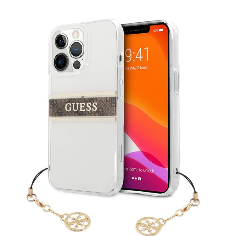 CG MOBILE Guess PC/TPU Transparent Case 4G Stripe with Elegant Charm Compatible for iPhone 13 Pro (6.1") Anti-Scratch, Easy Access to All Ports, Shock Absorption 