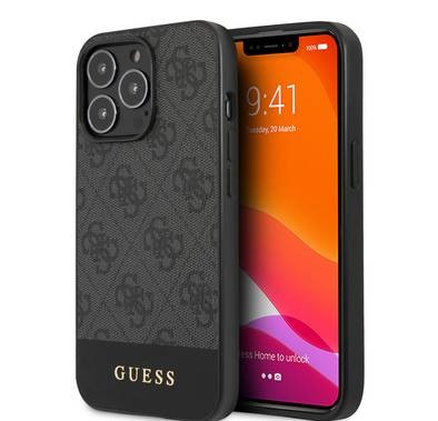 CG MOBILE Guess PC/TPU 4G PU Case with Bottom Stripe Metal Logo Compatible for iPhone 13 Pro Max (6.7") Anti-Scratch, Easy Access to All Ports, Shock Absorption & Drop Protective Back Cover Suitable with Wireless Charging Officially Licensed