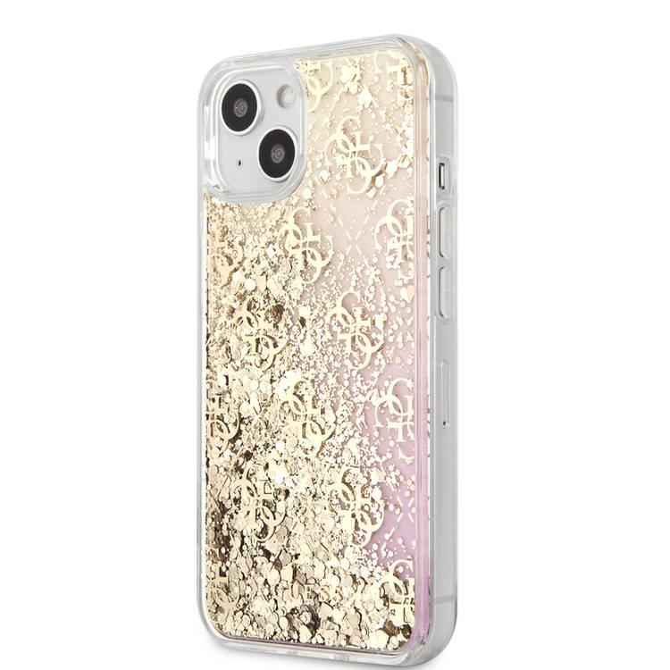 CG MOBILE Guess Liquid Glitter Case with 4G Pattern Gradient Background for iPhone 13 (6.1") Shock Absorption & Drop Protective Suitable with Wireless Chargers Officially Licensed Gold