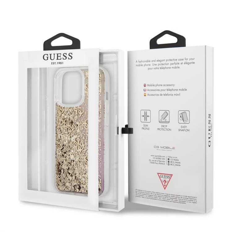 CG MOBILE Guess Liquid Glitter Case with 4G Pattern Gradient Background for iPhone 13 Pro (6.1") Shock Absorption & Drop Protective Suitable with Wireless Chargers Officially Licensed Gold