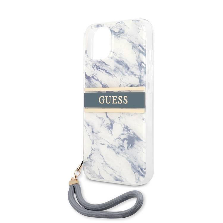 CG MOBILE Guess PC/TPU Case Marble Design & Stripe with Anti-Lost Nylon Strap for iPhone 13 (6.1") Shock Absorption & Drop Protection Suitable with Wireless Chargers Officially Licensed Blue