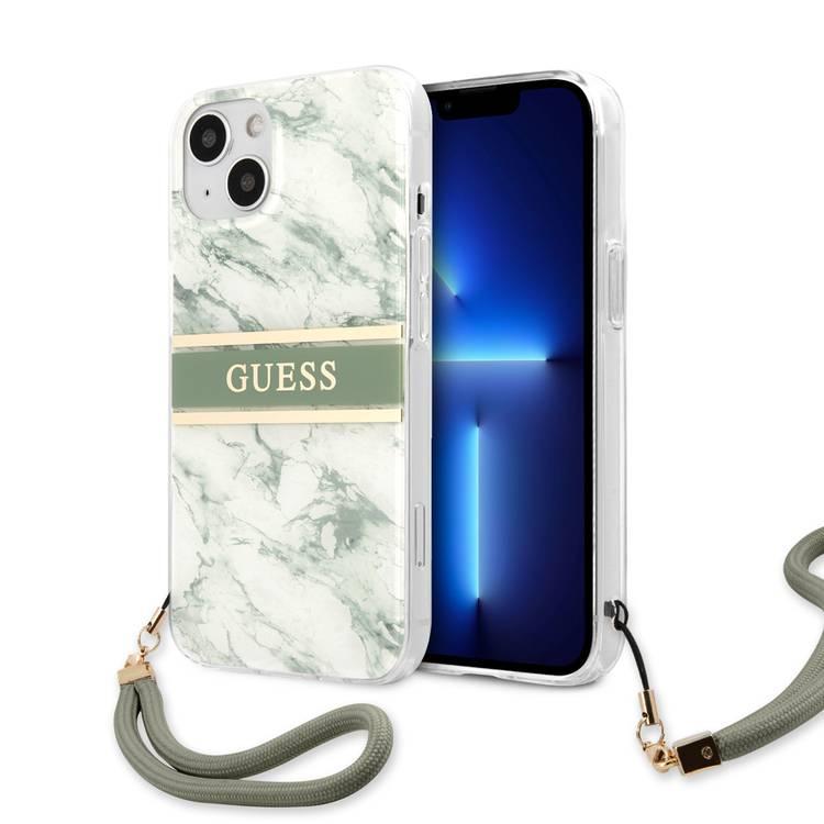 CG MOBILE Guess PC/TPU Case Marble Design & Stripe with Anti-Lost Nylon Strap for iPhone 13 (6.1") Shock Absorption & Drop Protection Suitable with Wireless Chargers Officially Licensed Green