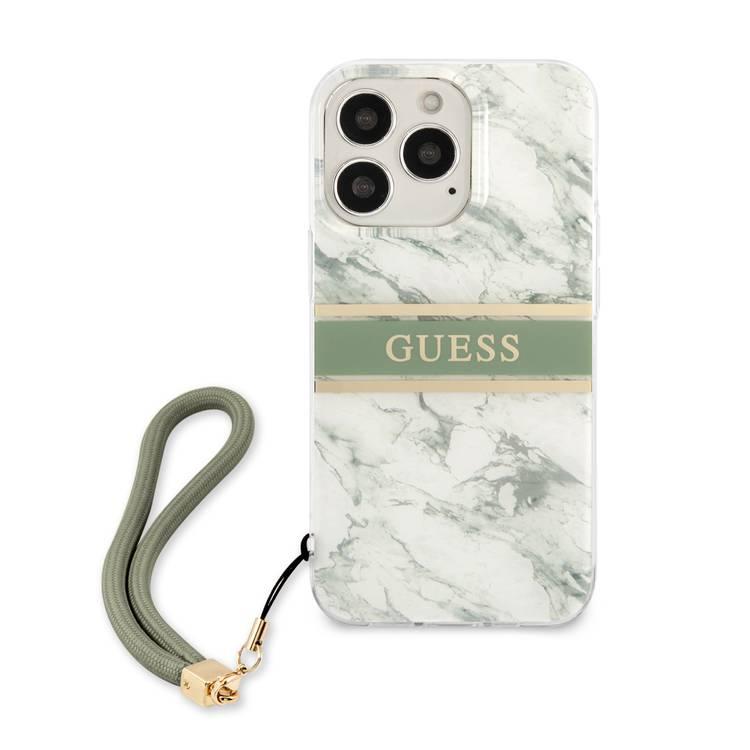 CG MOBILE Guess PC/TPU Case Marble Design & Stripe with Anti-Lost Nylon Strap for iPhone 13 Pro (6.1") Back Cover Suitable with Wireless Charging Officially Licensed Green