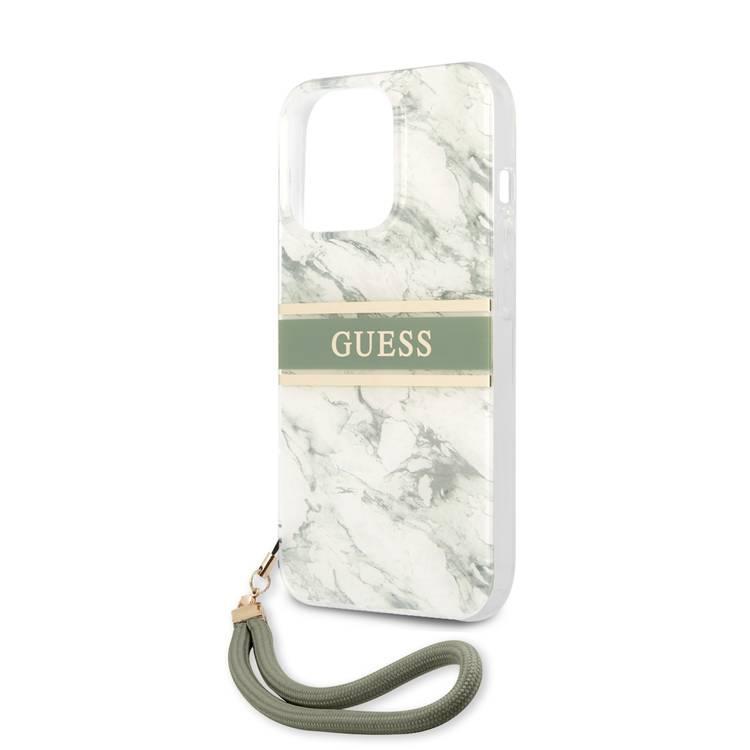 CG MOBILE Guess PC/TPU Case Marble Design & Stripe with Anti-Lost Nylon Strap for iPhone 13 Pro (6.1") Back Cover Suitable with Wireless Charging Officially Licensed Green