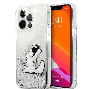 CG MOBILE Karl Lagerfeld Liquid Glitter Case Choupette Fun for iPhone 13 Pro Max (6.7") Drop Protection & Shock Absorption Suitable with Wireless Chargers Officially Licensed Silver