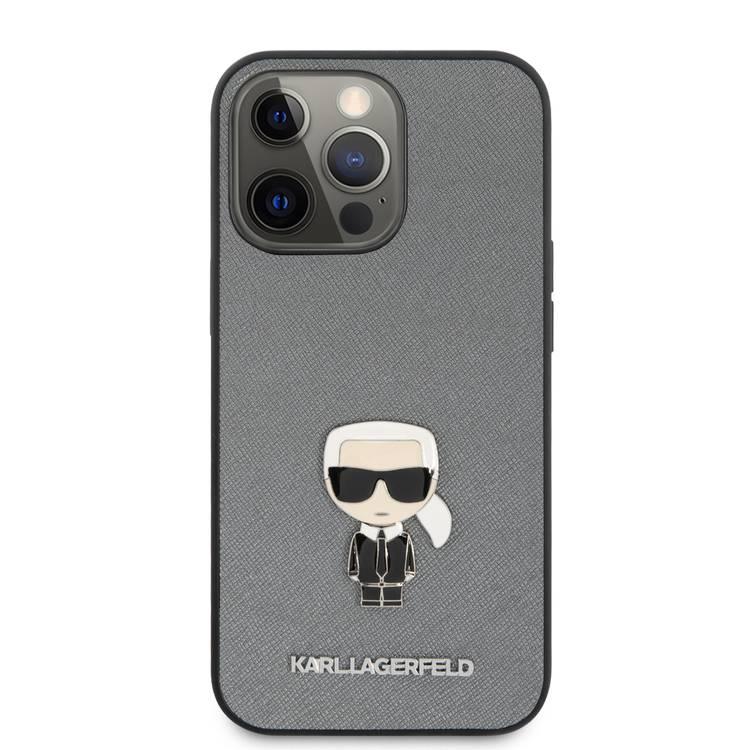 CG MOBILE Karl Lagerfeld PU Saffiano Case With Metal Pin Ikonik Compatible for iPhone 13 Pro Max (6.7") Easy Access to All Ports, Anti-Scratch, Shock Absorption & Drop Protection Back Cover Suitable with Wireless Charging Officially Licensed