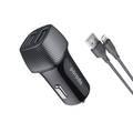Porodo Dual Port Aluminum Car Charger 3.4A with Cable 0.9m/3ft. Compatible for Lightning Devices, Multiple Protection, Portable Car Power Adapter with Carbon Print - Black