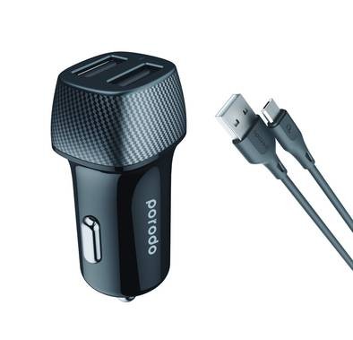 Porodo Dual Port Aluminum Car Charger 3.4A with Micro USB Cable 0.9m/3ft. Compatible for Micro USB Devices, Compact & Portable Design Car Power Adapter with Carbon Print - Black