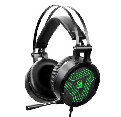Bloody G530S Gaming Headset with Dazzling Single Green Lighting & Omni-Directional Noise-Canceling Mic., Soft Leather Auto-Adjusting Headband - Black