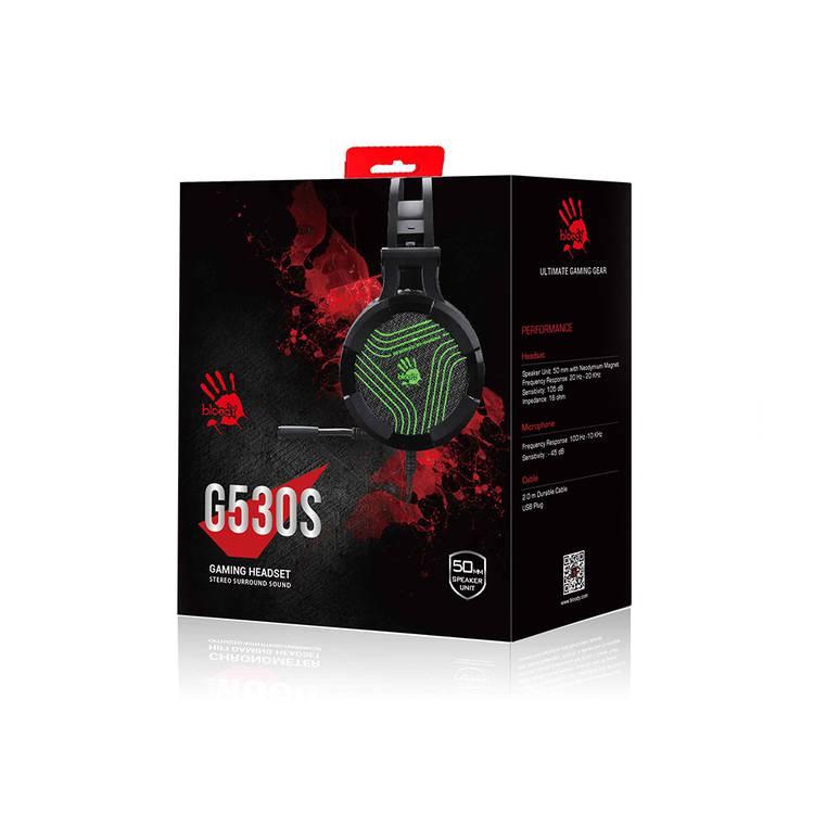 Bloody G530S Gaming Headset with Dazzling Single Green Lighting & Omni-Directional Noise-Canceling Mic., Soft Leather Auto-Adjusting Headband - Black