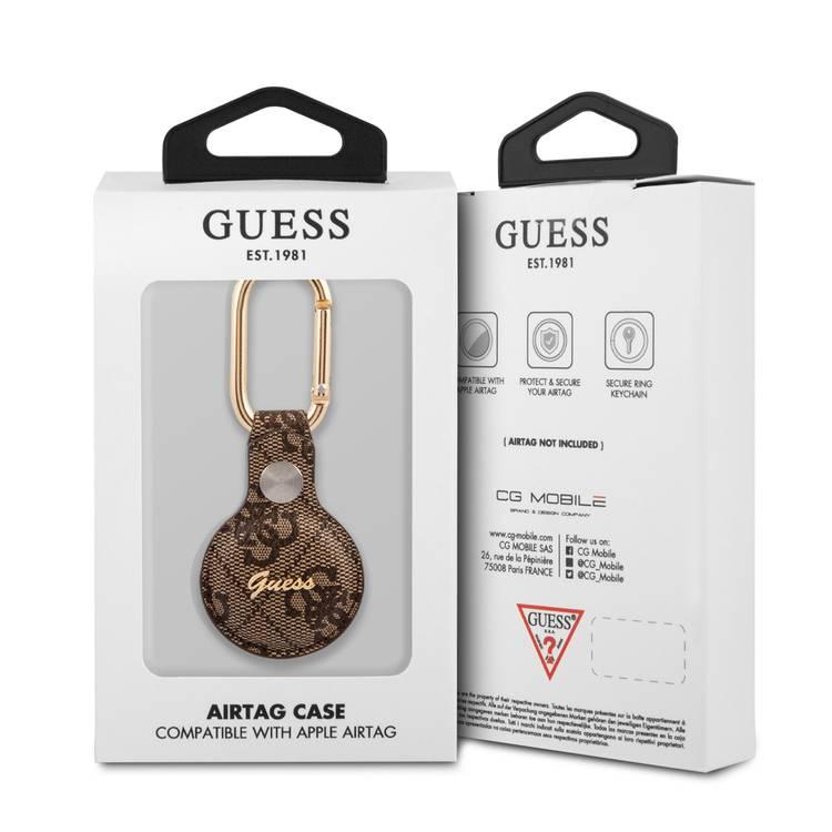 CG MOBILE Guess 4G PU Script Logo Case with Dog Clip for Airtag, Anti-Lost Holder with Keychain, Easy to Attach Keys, Backpacks, Liner Bags Officially Licensed Brown