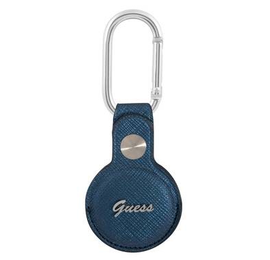 CG MOBILE Guess Saffiano PU Script Logo Case with Dog Clip for Airtag, Portable Protective Skin Cover, Anti-Lost Holder with Keychain Officially Licensed - Blue