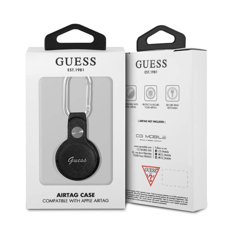 CG MOBILE Guess Saffiano PU Script Logo Case with Dog Clip for Airtag, Portable Protective Skin Cover, Anti-Lost Holder with Keychain Officially Licensed Black