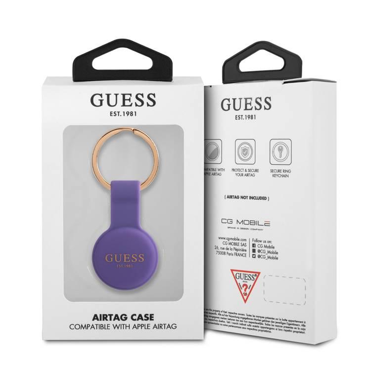 CG MOBILE Guess Silicone Classic Logo Case with Keychain Compatible for Airtag, Portable Protective Skin Cover, Anti-Lost Holder with Key Ring Suitable for AirTag Bluetooth Tracker, Easy to Attach Keys, Backpacks, Liner Bags Officially Licensed - Purple