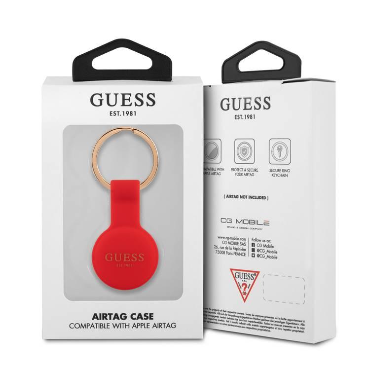 CG MOBILE Guess Silicone Classic Logo Case with Keychain Compatible for Airtag, Portable Protective Skin Cover, Anti-Lost Holder with Key Ring Suitable for AirTag Bluetooth Tracker, Easy to Attach Keys, Backpacks, Liner Bags Officially Licensed - White Red