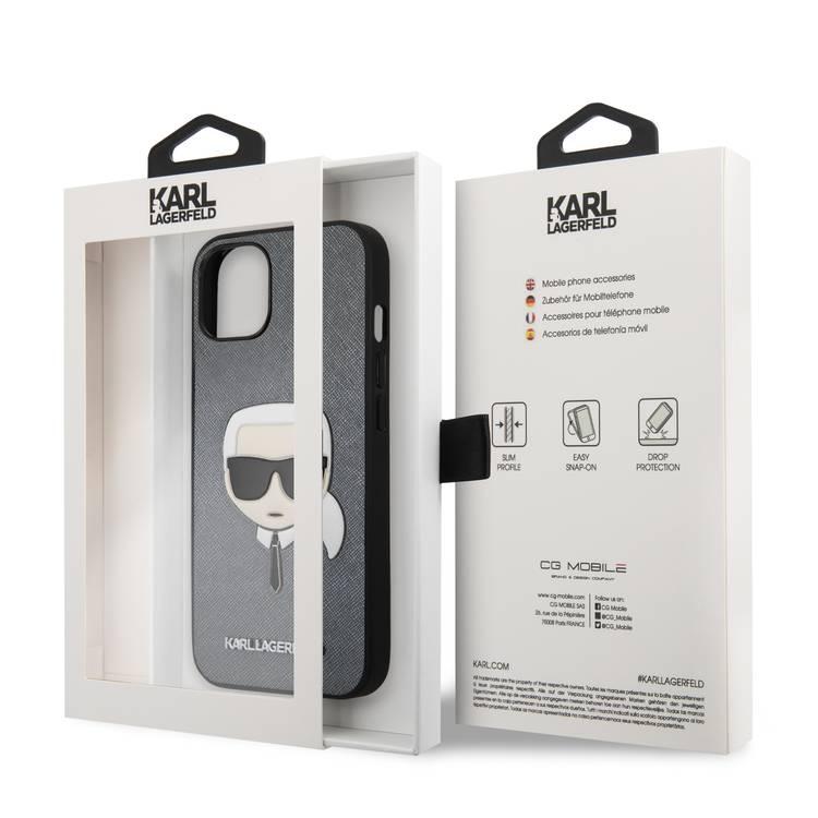 CG MOBILE Karl Lagerfeld PU Saffiano Case with Embossed Karl`s Head Compatible for iPhone 13 (6.1") Easy Access to All Ports, Scratch Resistant, Drop Protection Back Cover
