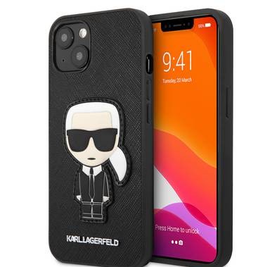 CG MOBILE Karl Lagerfeld PU Saffiano Case with Ikonik Patch & Metal Logo Compatible for iPhone 13  Shock & Scratch Resistant, Easy Access to All Ports, Drop - Black