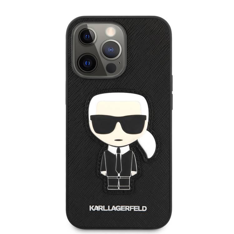 CG MOBILE Karl Lagerfeld PU Saffiano Case with Ikonik Patch & Metal Logo Compatible for iPhone 13 Pro Shock & Scratch Resistant, Easy Access to All Ports, Drop - Black