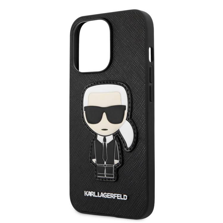 CG MOBILE Karl Lagerfeld PU Saffiano Case with Ikonik Patch & Metal Logo Compatible for iPhone 13 Pro Shock & Scratch Resistant, Easy Access to All Ports, Drop - Black