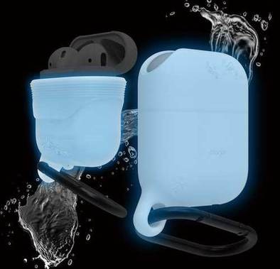 Elago Airpods Waterproof Hang Case, High Quality Silicone, Waterproof Case up to 1meter(3.3ft), Functional Design, Dustproof, Aluminum Carabiner, Impact Protection- Nightglow Blue