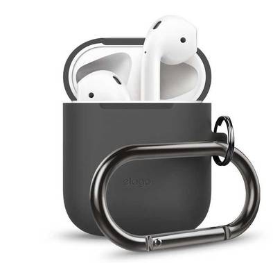 Elago Airpods Hang Case, Convenient Metal Carabiner, Shockproof Protective Cover, Dustproof, Waterproof Case, Use as Keychain Easy to Carry, Supports Wireless Charging - Dark Gray