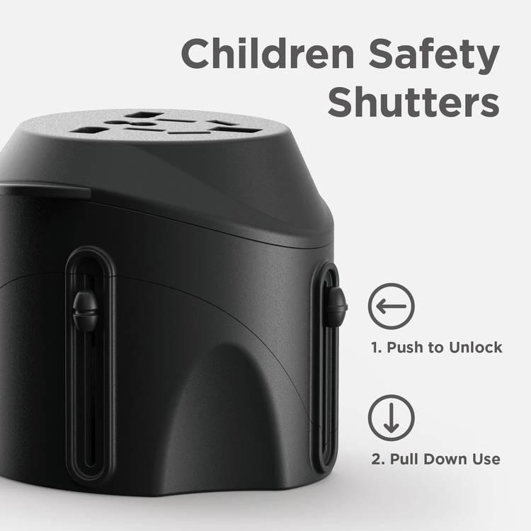 Elago Tripshell Universal Travel Adapter Compatible w/ Multiple Types, with Built-In Children Safety Shutter, Surge Protection, Convenient for both Home Use & Travel - Black
