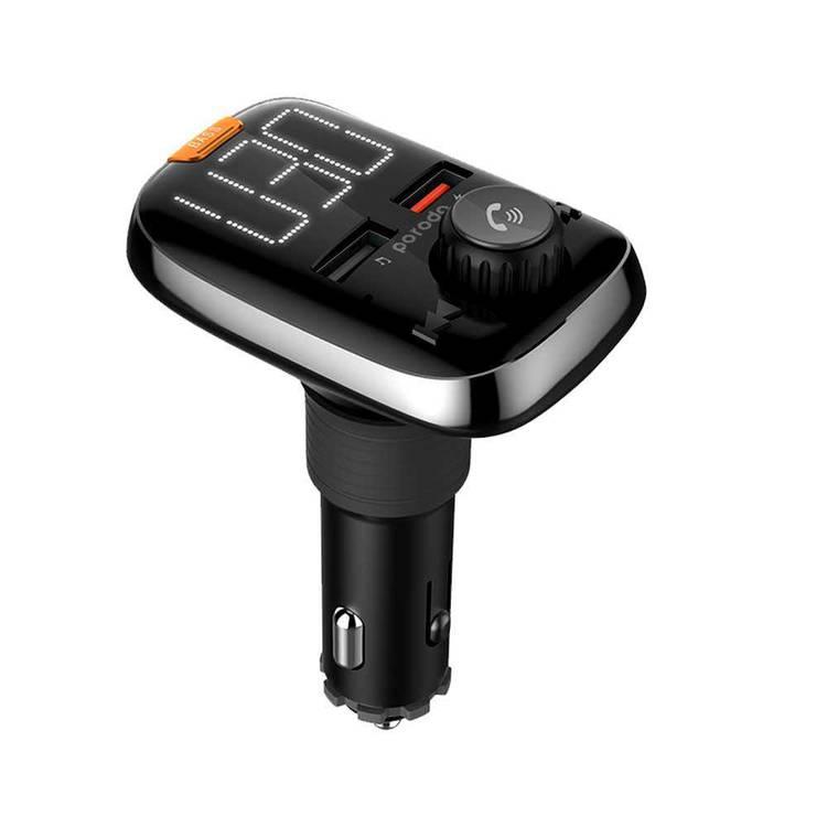 Porodo Wireless FM Transmitter Car Charger QC3.0 18W with Bass Boost & Built-in Microphone - Clear Hands Free Calling - Flexible Head Car Power Adapter - LED Indicator - Black