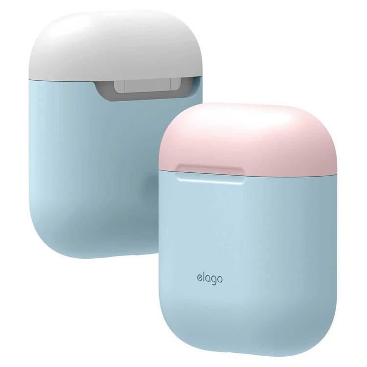 Elago Duo Case for Airpods, 3-in-1 Pastel Color, High Quality Silicone, Shock Resistant, Scratch Resistant, Supports Wireless Charging - Body-Pastel Blue / Top-Pink,White