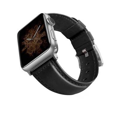 Viva Madrid Montre Cordovan Genuine Leather Strap Compatible for Apple Watch 42/44MM - Sweat Resistant & Lasting Durability - Comfortable Replacement Wrist Band  - Black/Silver