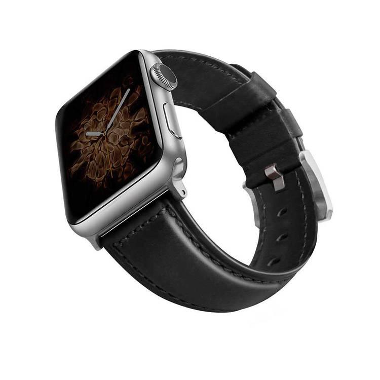 Viva Madrid Montre Cordovan Genuine Leather Strap Compatible for Apple Watch 42/44MM - Sweat Resistant & Lasting Durability - Comfortable Replacement Wrist Band  - Black/Silver