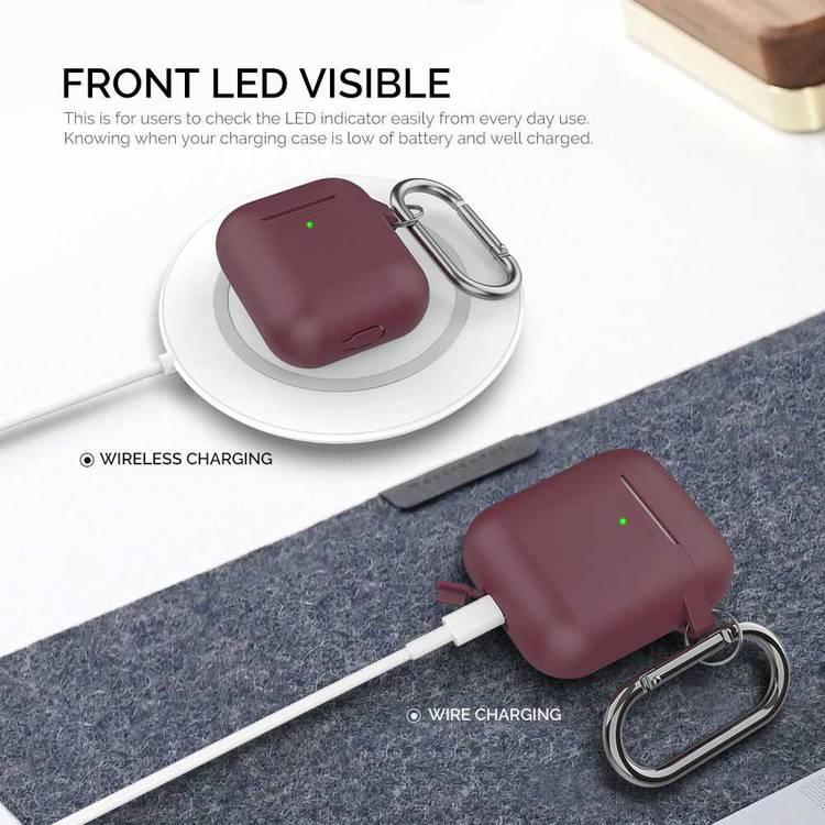 AhaStyle Premium Portable Keychain Silicone Case Compatible w/ Airpods 1/2 Generation, Scratch & Drop Resistant, Absorbing Protective Cover, Wireless Charging Case - Burgundy