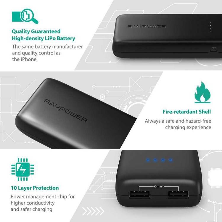 RAVPower External Battery Pack - Small Power Bank 12000mAh - Fast Charging Portable Charger Powerbank with Fire-Retardant Shell & 10 Layer Protection - Travel-friendly - Black