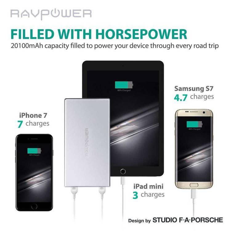 RAVPower External Battery Pack 20100mAh Power Bank - Dual iSmart 2.0 Ports - Fast Charging Connector - Sleek Edges Portable Charger Powerbank with Fire-proof Protection - Silver