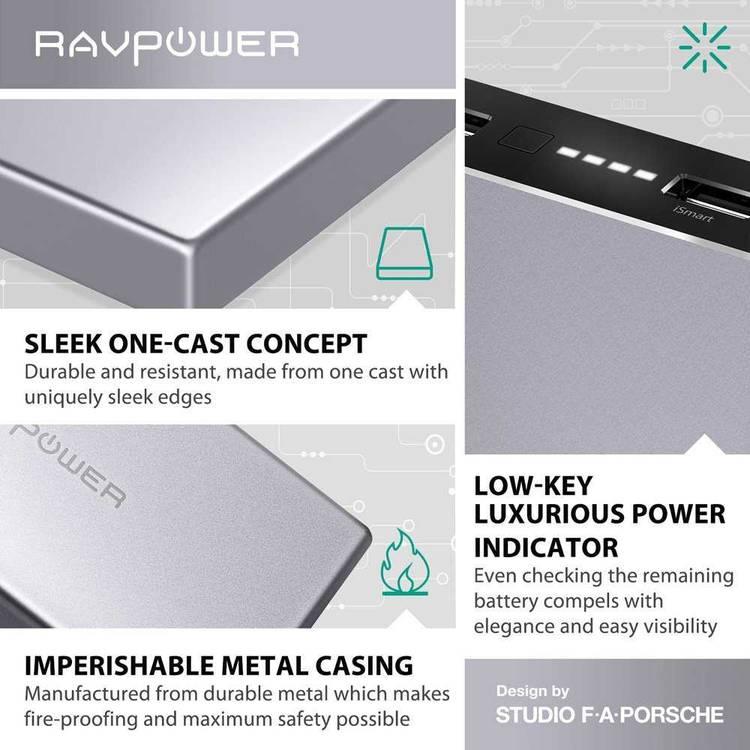 RAVPower External Battery Pack 20100mAh Power Bank - Dual iSmart 2.0 Ports - Fast Charging Connector - Sleek Edges Portable Charger Powerbank with Fire-proof Protection - Silver