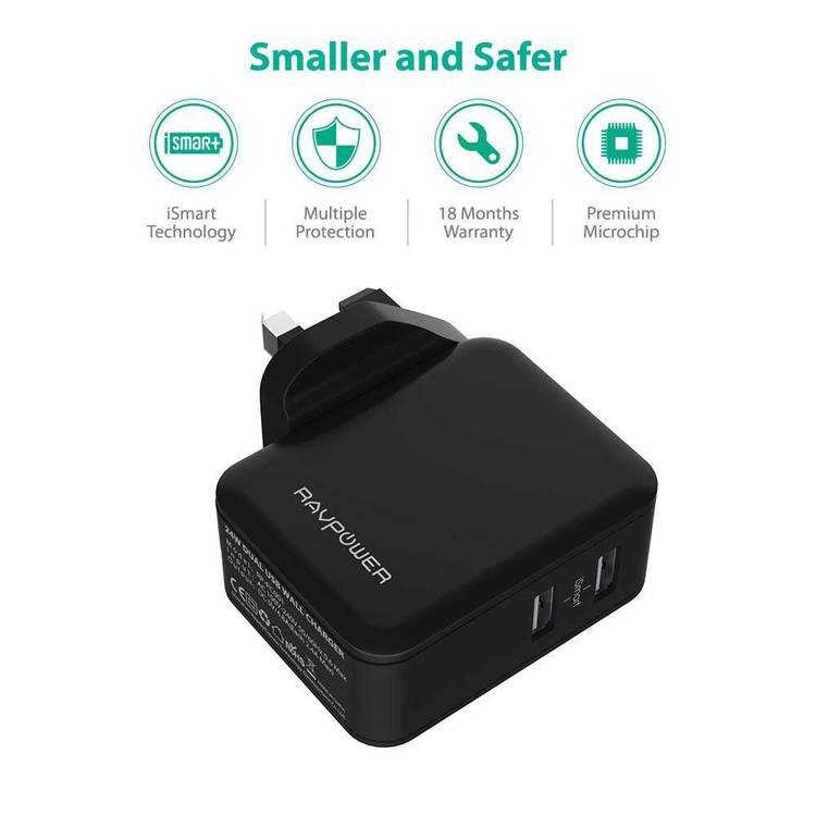 RAVPower 24W 4.8A Dual USB Wall Charger UK with iSmart Technology & LED Indicator - Portable Power Adapter w/ High-temperature & Over-charging Protection - Compact Design - Black