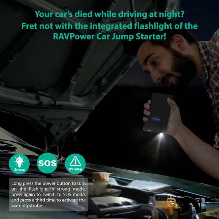 RAVPower Portable & Powerful Car Jumper Starter 10000mAh 400A Power Bank - Built-in  LED Flashlight & LCD Display - iSmart 2.0 Technology with Overcharge Protection - Black