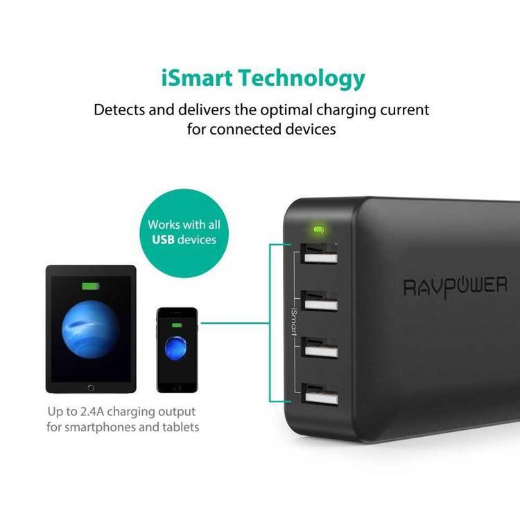RAVPower 4-Port USB Travel Adapter 40W with Power Cord & Detachable Adapters - Portable & Sturdy Fast Charging Wall Charger with iSmart Technology & Multiple Protection - Black